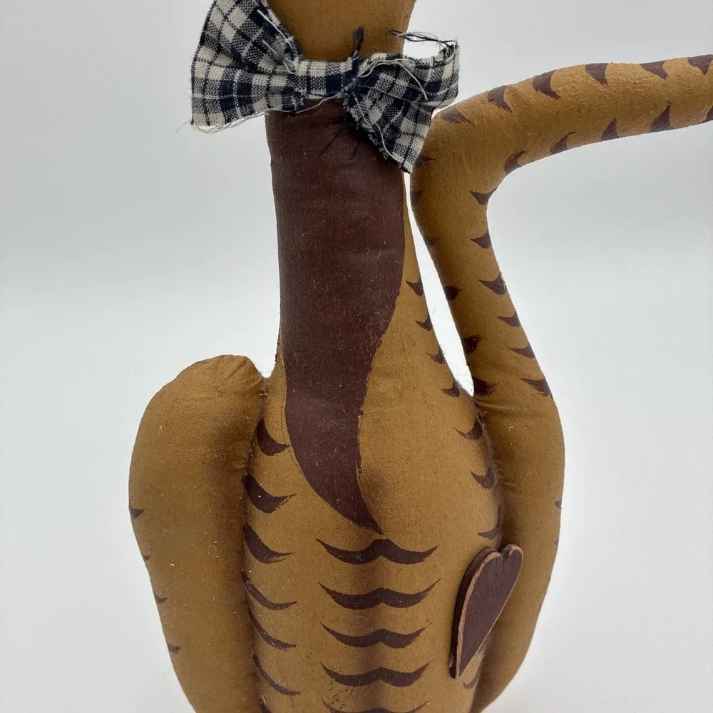Primitive Folk Art Fabric Cat Figurine Rustic Farmhouse Decor Gingham Bow 14